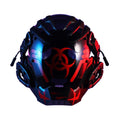 Black full-face cyberpunk costume prop mask with tech design on a mannequin head.