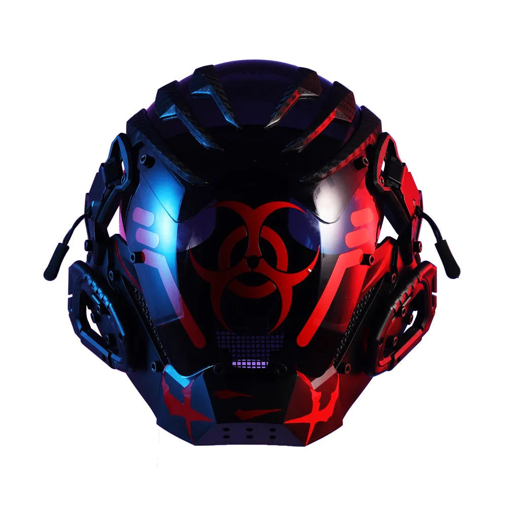Black full-face cyberpunk costume prop mask with tech design on a mannequin head.