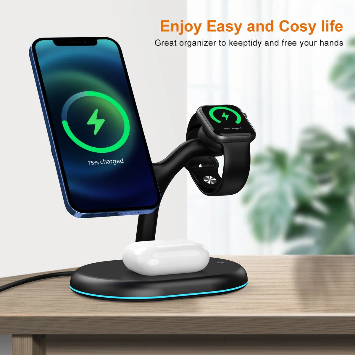 Black magnetic three-in-one wireless charger with ABS plastic construction and lithium battery