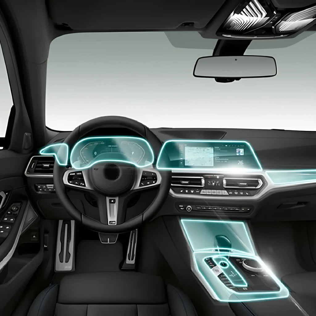 Transparent protective film kit for BMW 3 Series dashboard and centre console interior surfaces