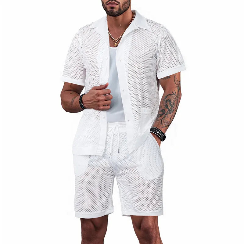 Design Beach Hawaii women's see-through short sleeve cardigan and shorts suit in lake blue.