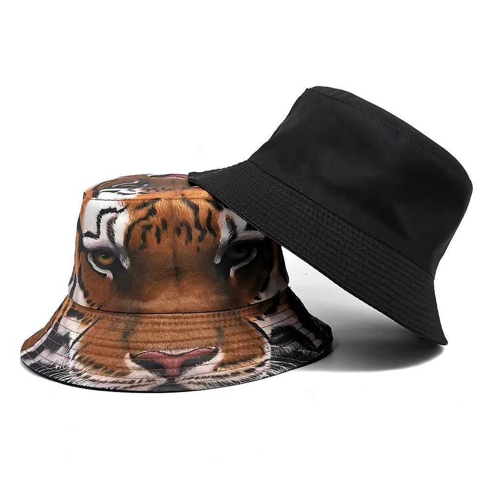 Tiger pattern bucket hat with dome crown in khaki and black colour options