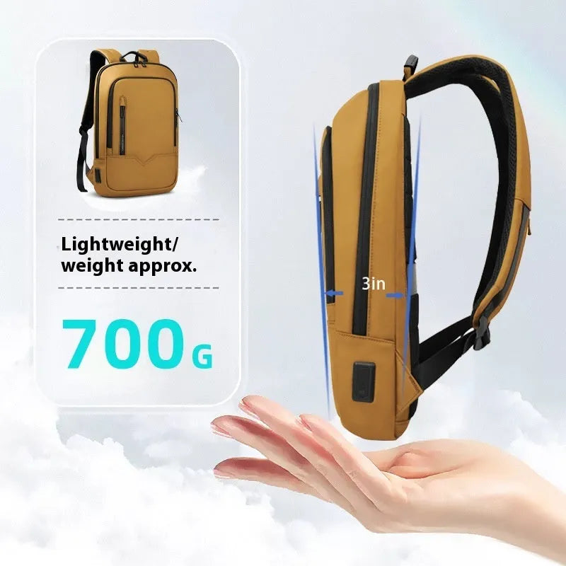Lightweight polyester commuter backpack with USB interface available in 14 and 17 inch sizes in solid colours