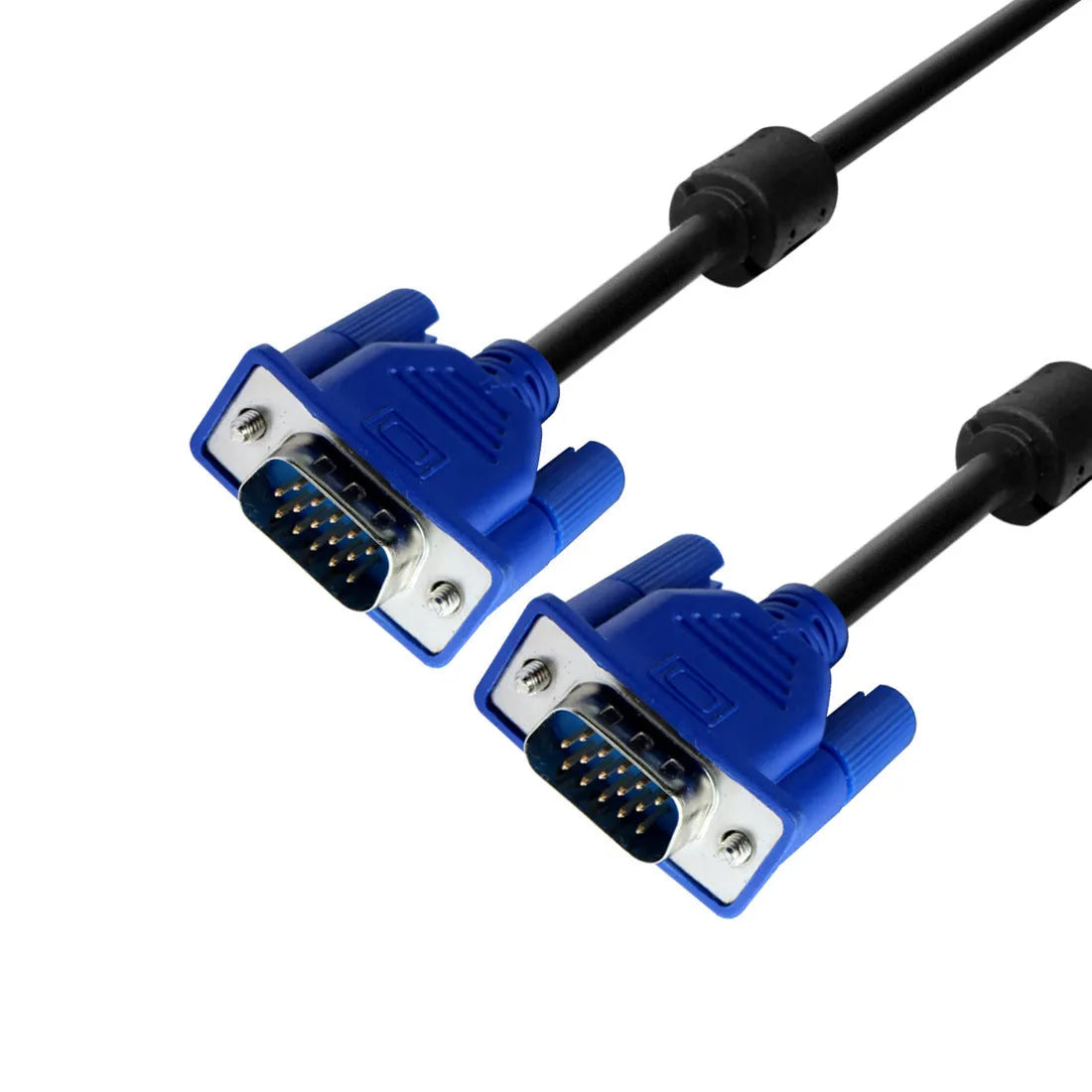 Black VGA video cable with blue connector heads measuring 1.5 metres for computer monitor connections