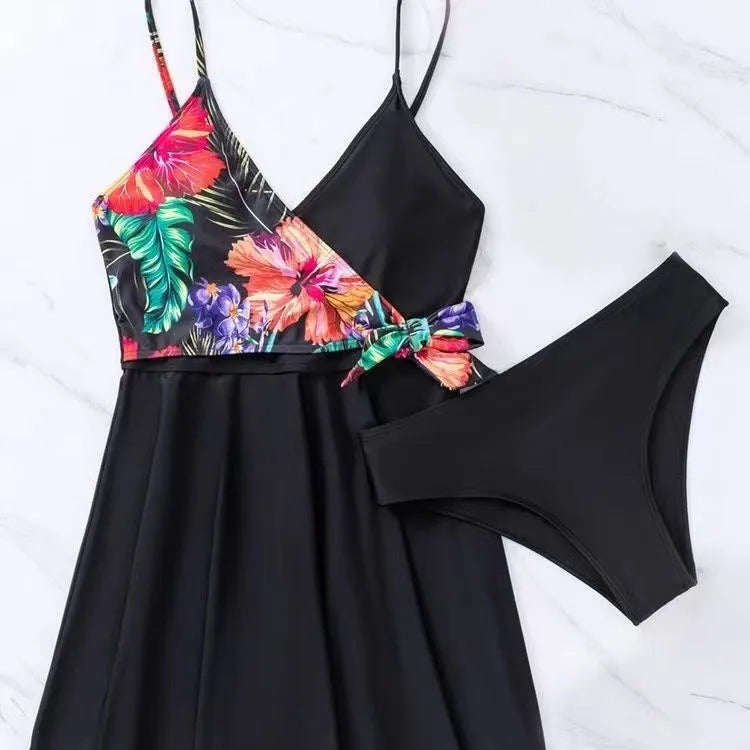 Black women's high waist printed split bikini briefs for swimming and sports.