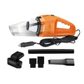Orange portable handheld car vacuum cleaner with nozzle attachments for 12V vehicle use