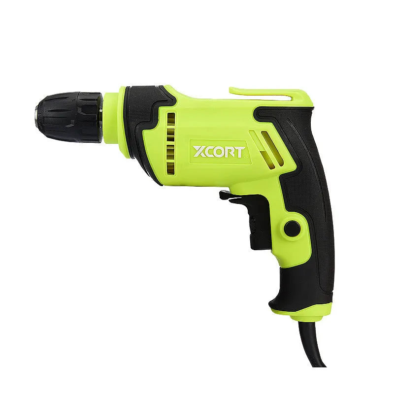 Pistol-grip style 450W electric power drill with variable speed control on a workbench.