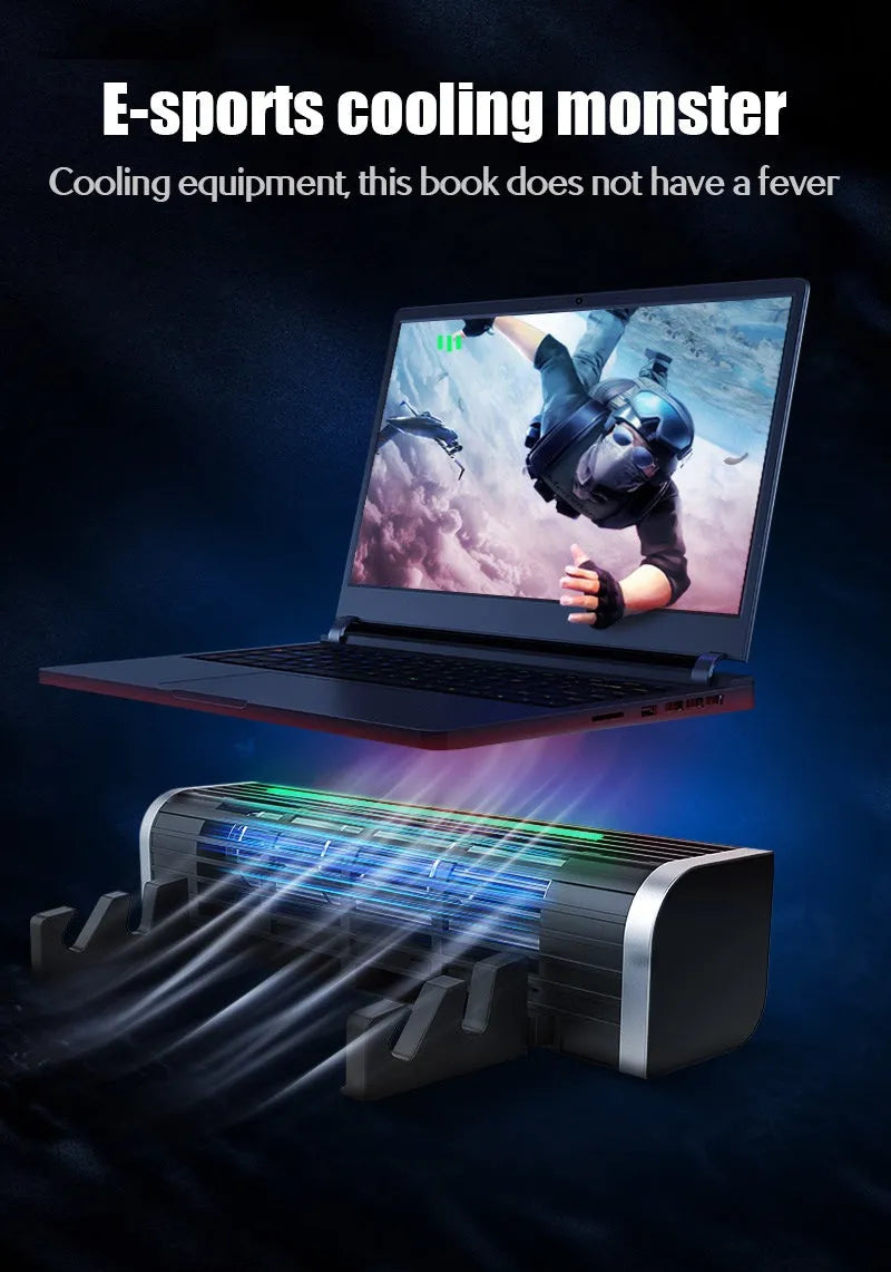 Black notebook cooling pad with fan vents, shown with a laptop on top.