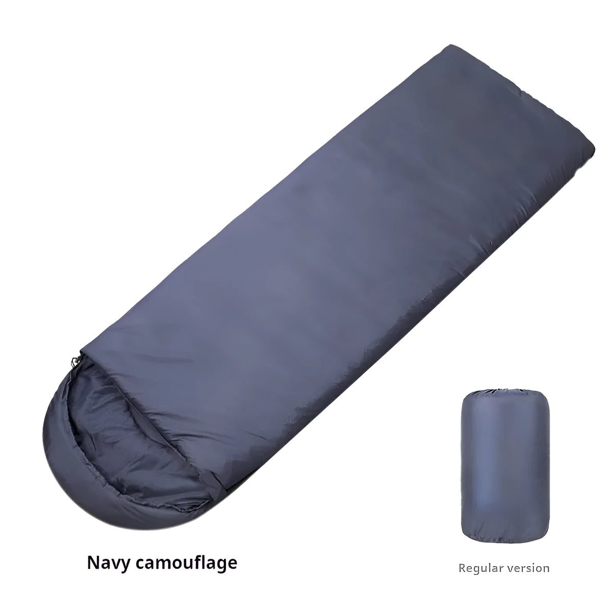 Navy blue envelope sleeping bag for adult winter camping with hollow cotton fibre filling.