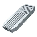 Silver aluminium Thunderbolt 4 external SSD enclosure for M.2 drives with a cooling fan on a desk