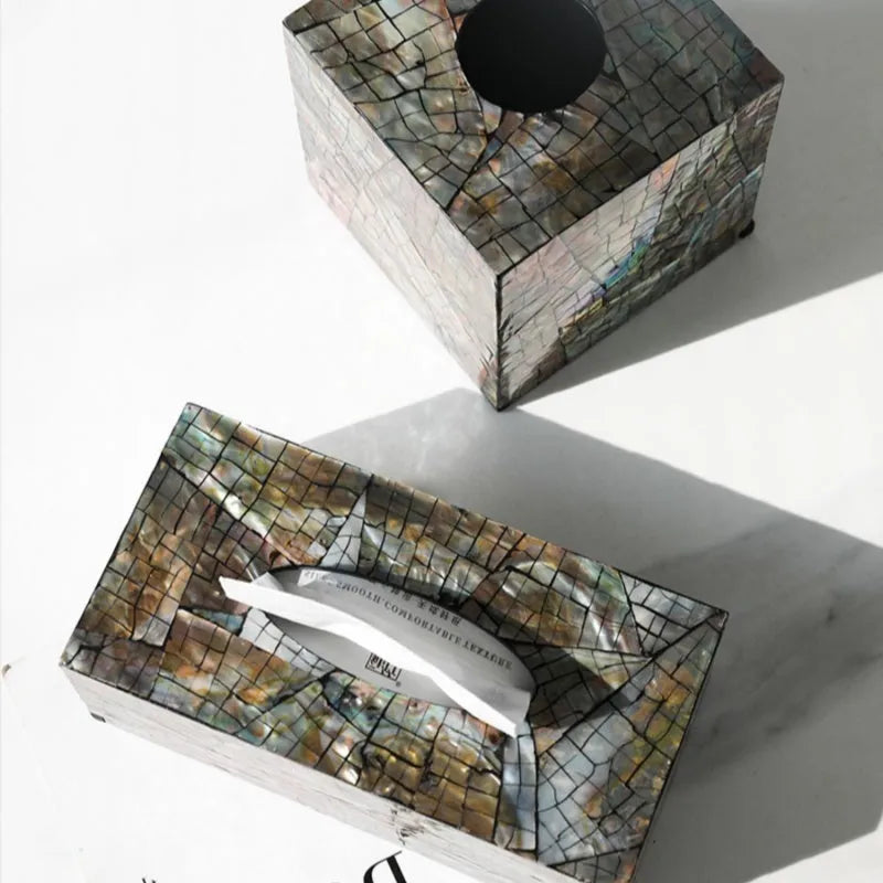 Black shell tissue box storage container with modern design on coffee table
