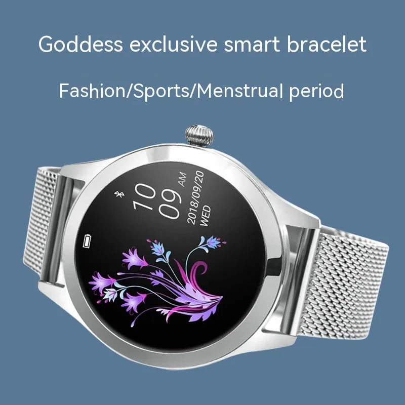 Women's sports smartwatch showing heart rate monitoring and smartphone connectivity features