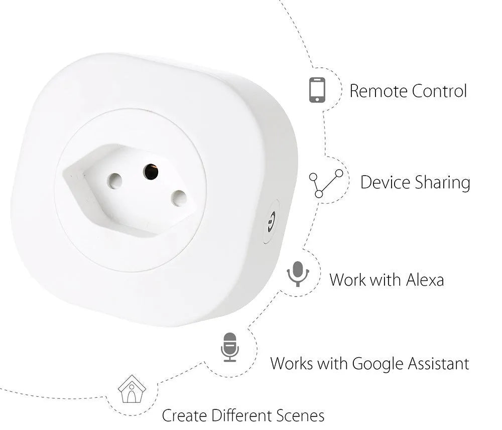A white smart socket plug with EU-style pins, showing WIFI and voice control symbols on its face.