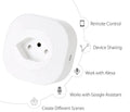 A white smart socket plug with EU-style pins, showing WIFI and voice control symbols on its face.