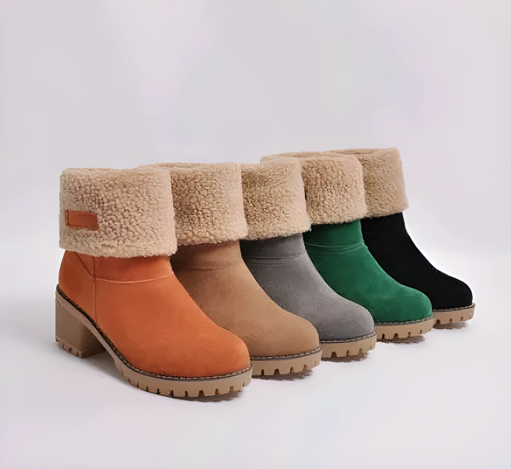 Women's suede mid-tube snow boots in black with a low heel and round toe