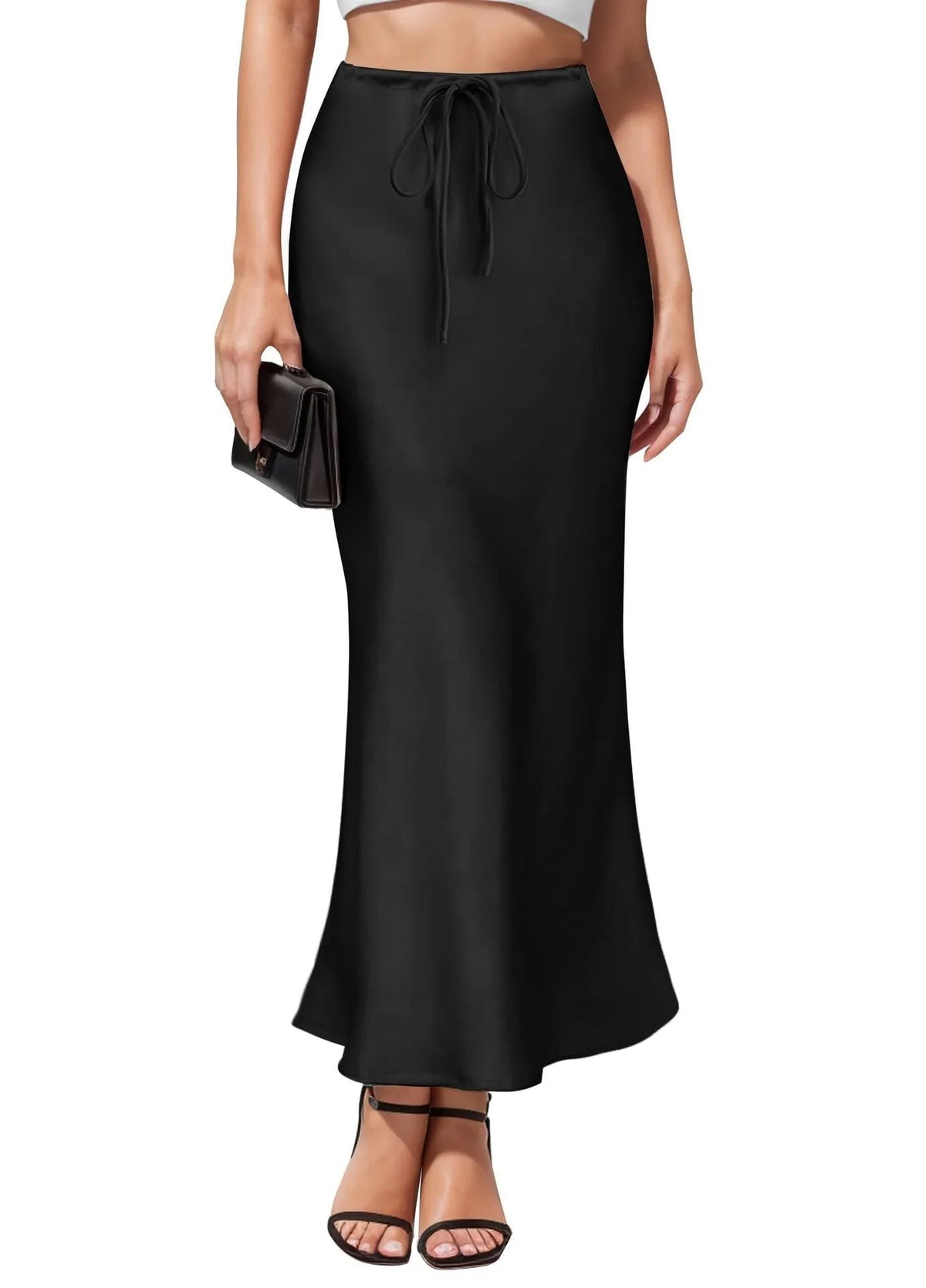 Asymmetric satin skirt with high waist and irregular stitching detail in six colour options