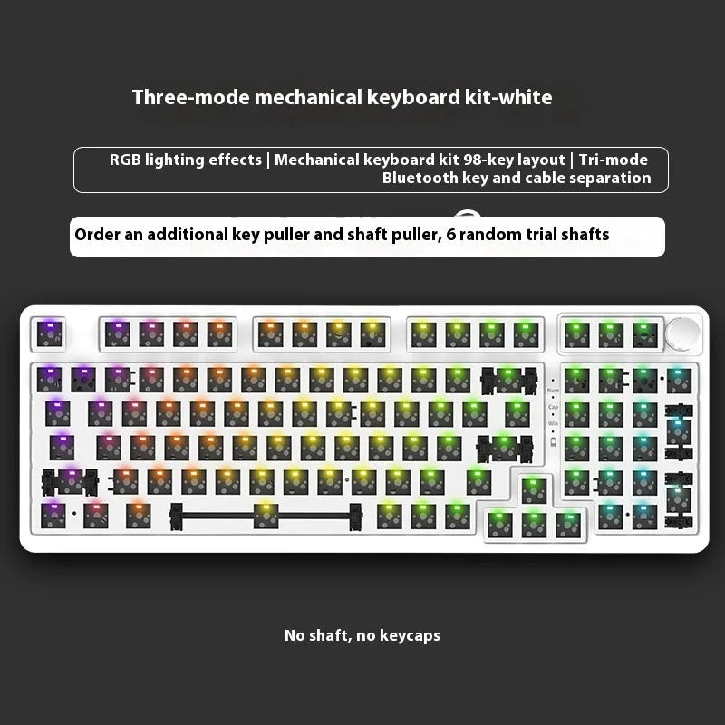 White screen version 98-key wireless mechanical keyboard kit with metal knob on desk