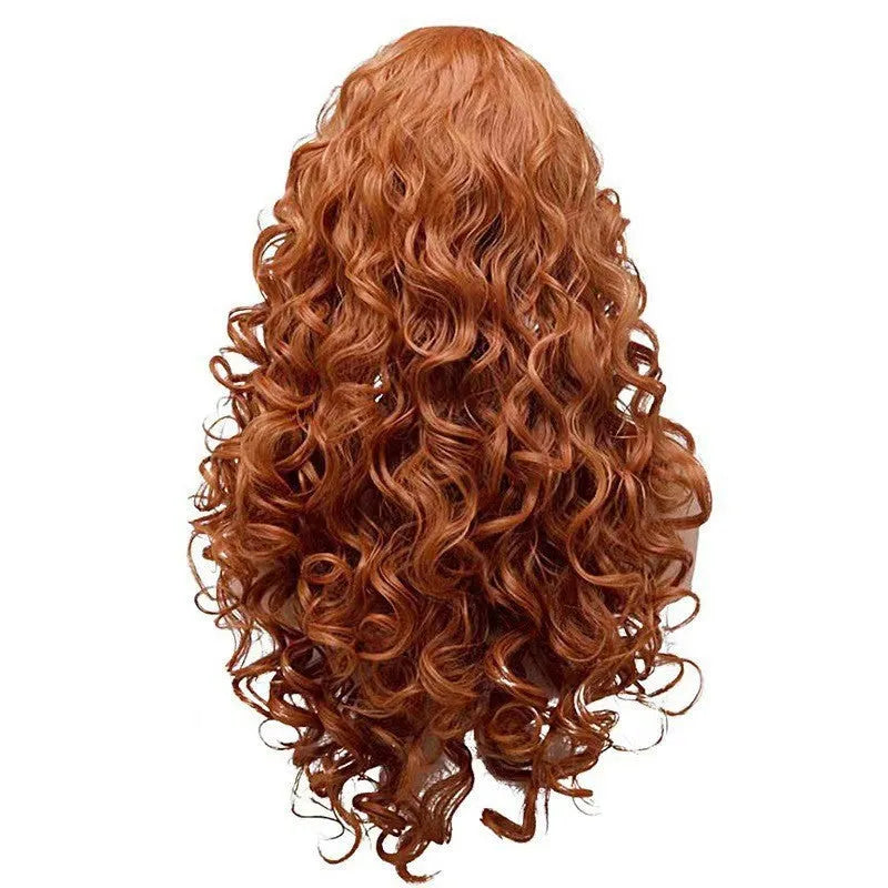 Long brown curly wavy synthetic wig for Halloween cosplay or fashion wear.
