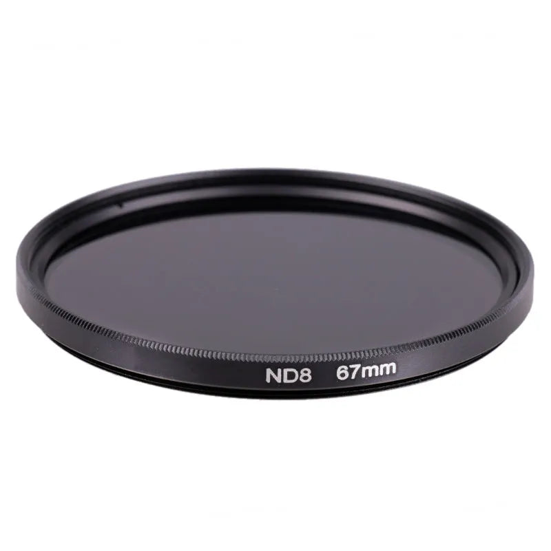 ND8 neutral density camera filter with aviation aluminium frame showing lens thread options from 49mm to 82mm