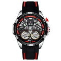 Blue or red automatic mechanical men's watch with luminous skeleton dial on wrist.
