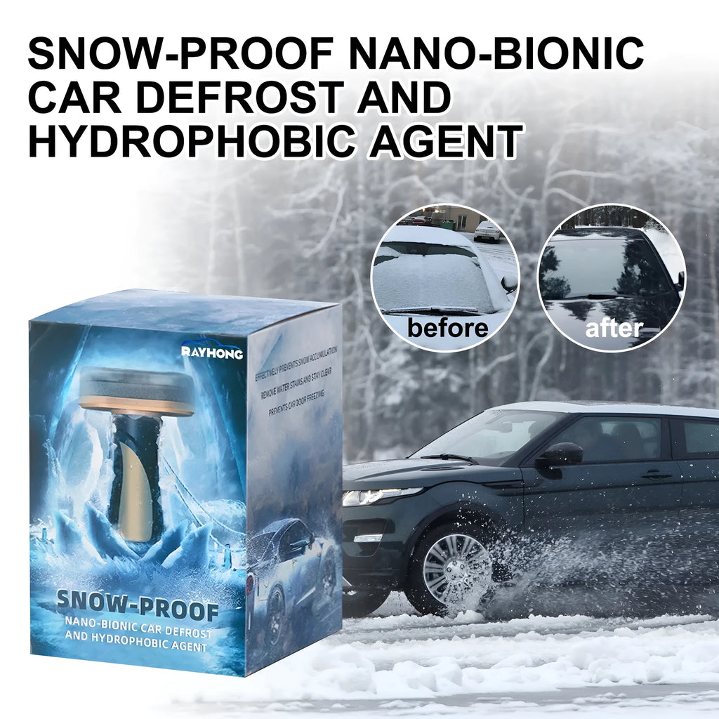 Compact car snow brush with hydrophobic nano coating spray bottle.
