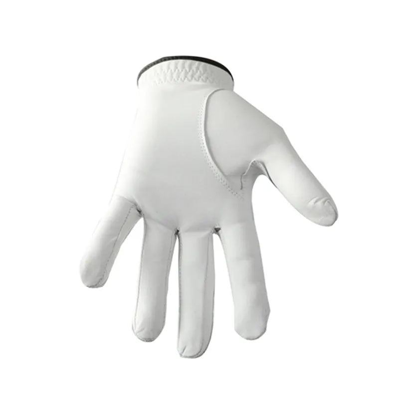 A single white half sheepskin leather golf glove for men, laid flat.