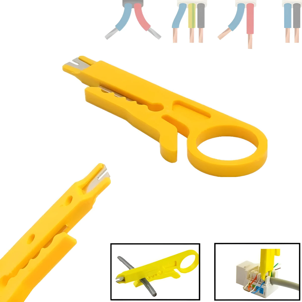 Yellow mini portable wire stripper tool with a 0.6mm stripping diameter.