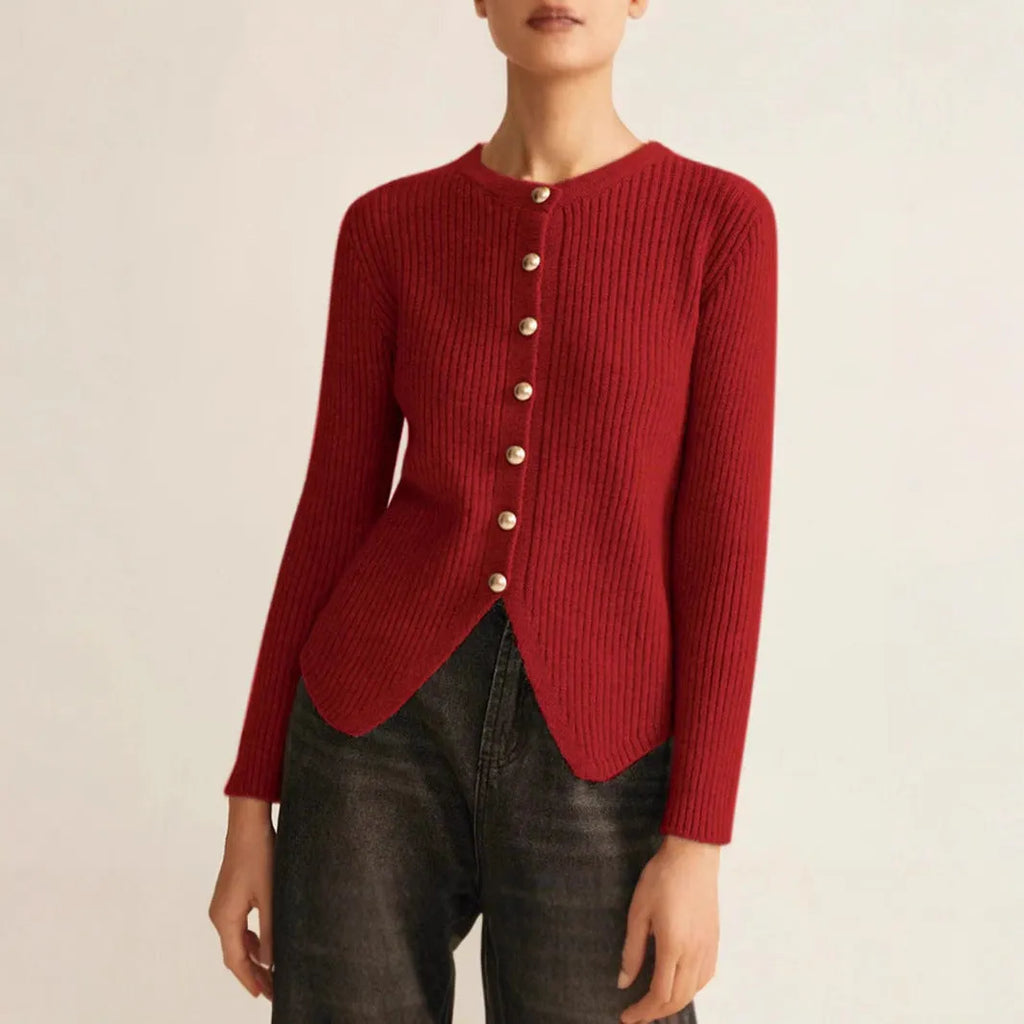 Yuan collar loose fit cardigan sweater in silver and red colours.