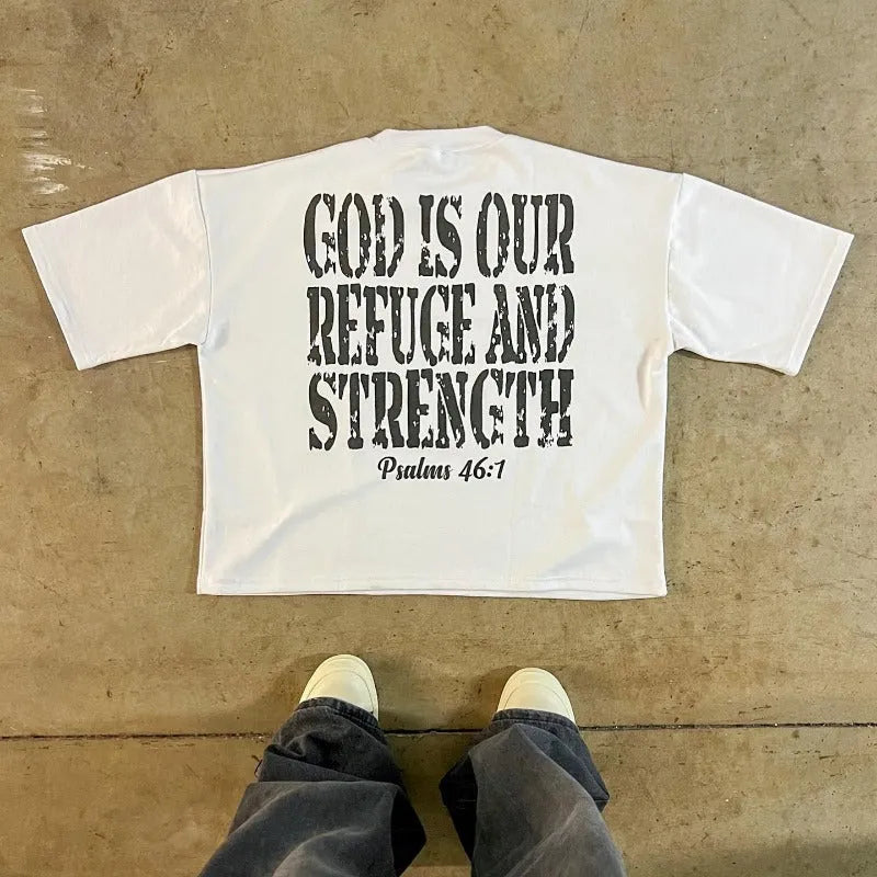 Printed cotton short sleeve t-shirt in retro street style with drop-shoulder sleeves.