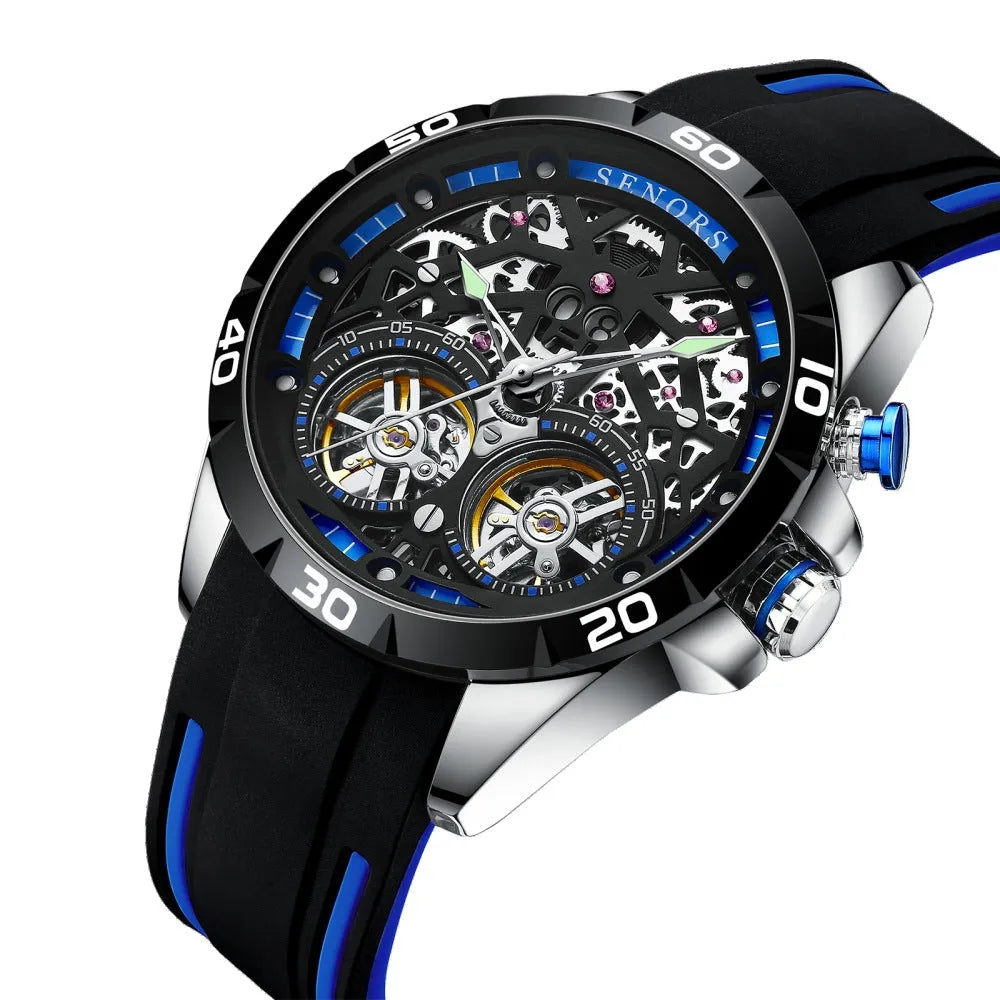 Blue or red automatic mechanical men's watch with luminous skeleton dial on wrist.