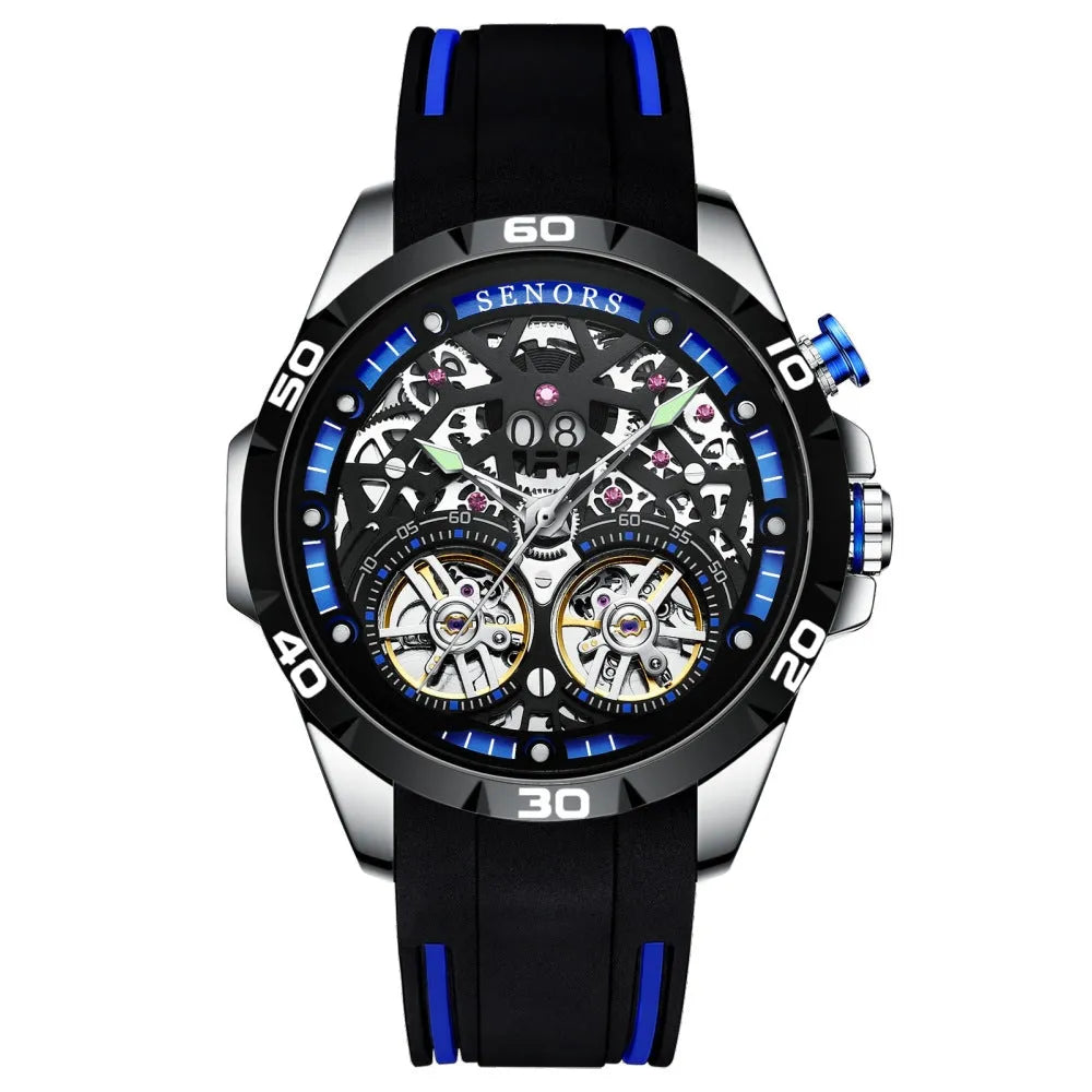 Blue or red automatic mechanical men's watch with luminous skeleton dial on wrist.