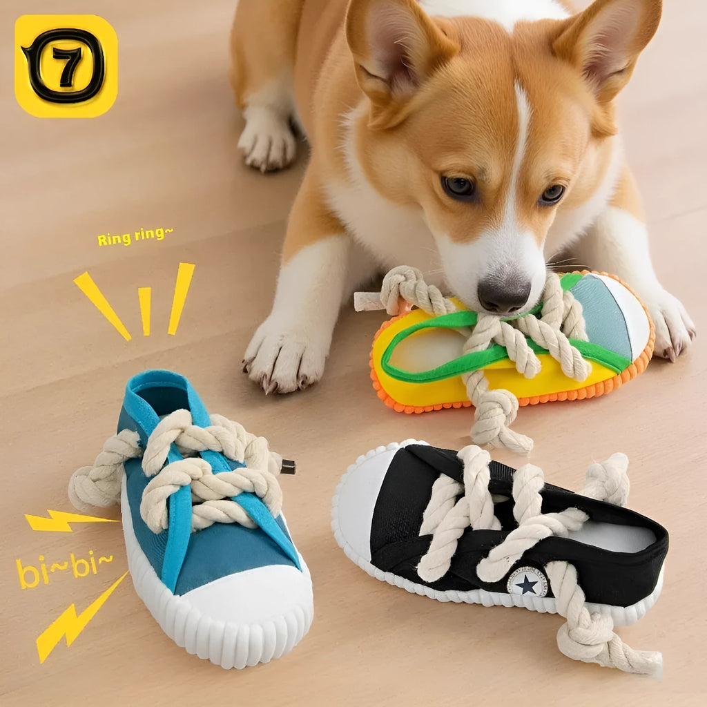 Plastic slipper-shaped dog chew toy with squeaker in yellow, black, or blue.