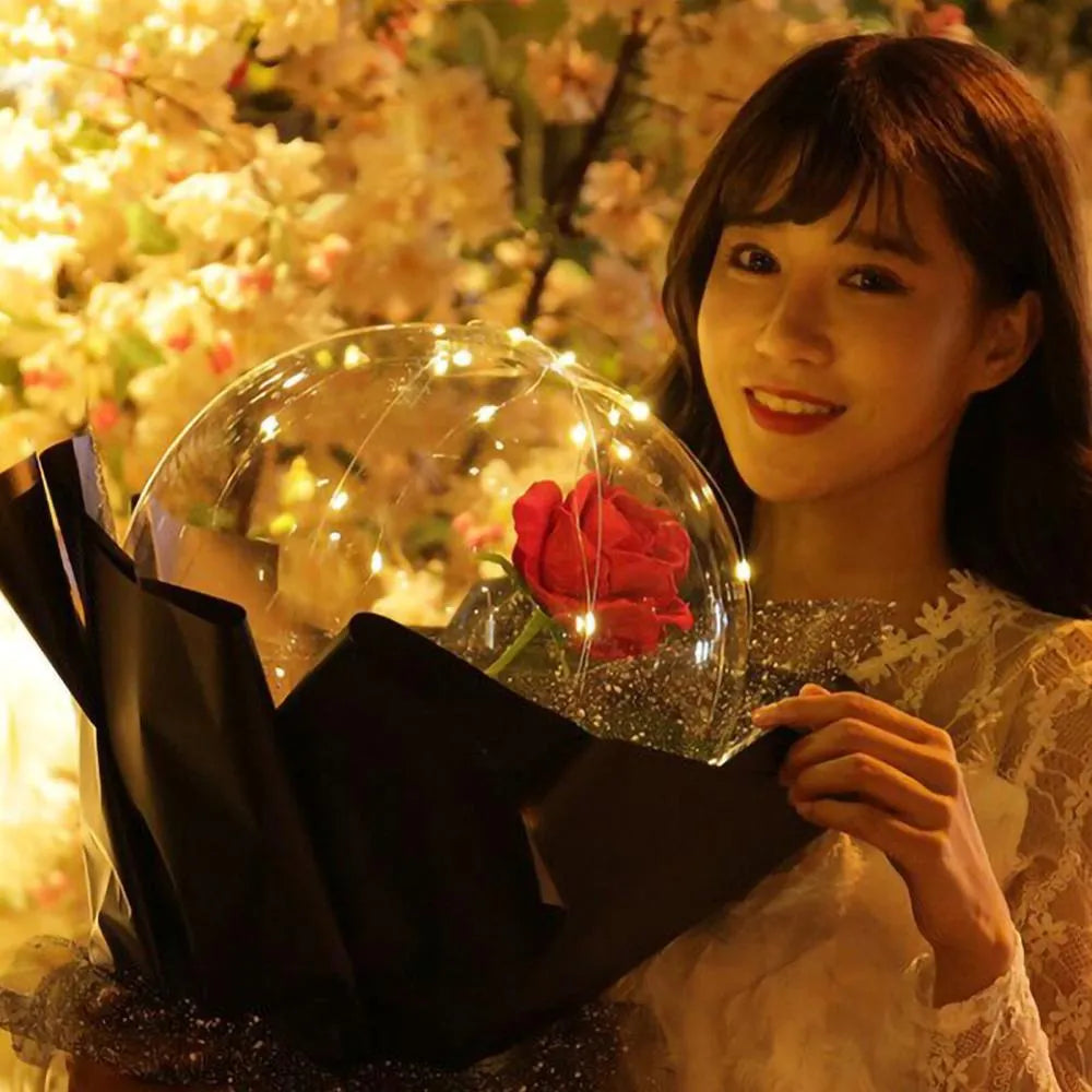 LED illuminated balloon rose bouquet with transparent bobo ball decoration