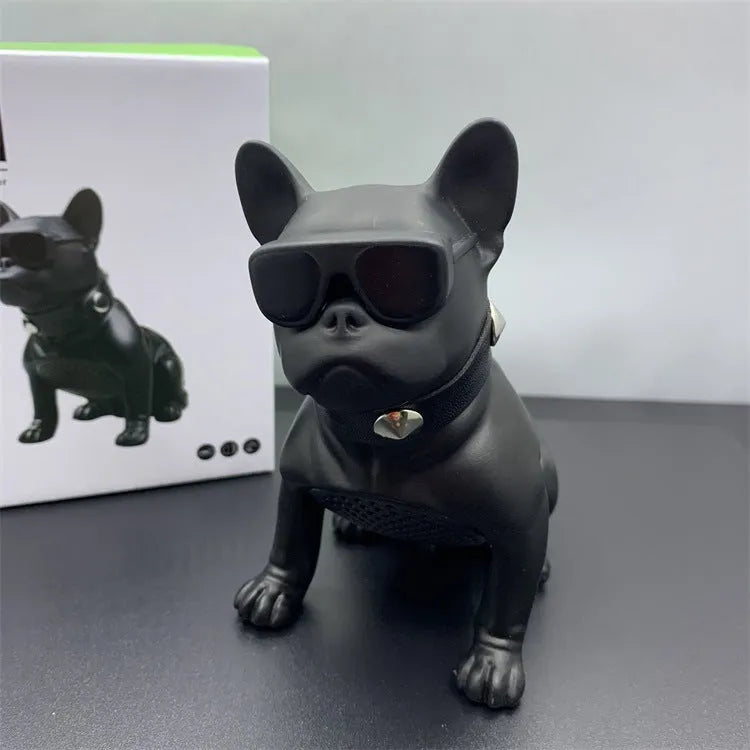 Mini portable Bluetooth speaker shaped like a bulldog in black, red, or white.