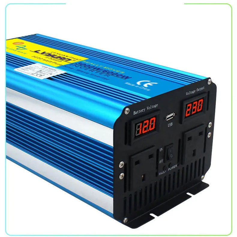 Blue high-power 3000W pure sine wave inverter with digital display and UK socket.