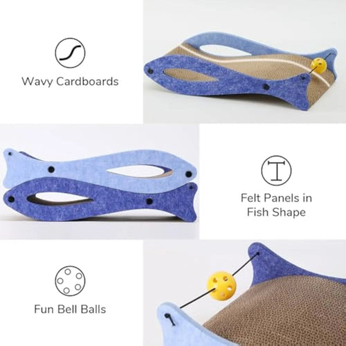 Blue fish-shaped cat scratcher lounge made of corrugated cardboard with attached ball toy