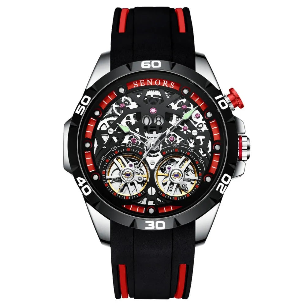 Blue or red automatic mechanical men's watch with luminous skeleton dial on wrist.