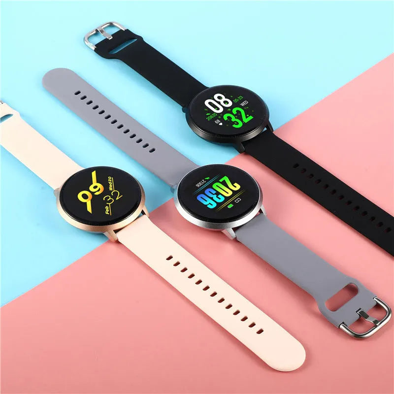 Ultra-thin smart health bracelet with zinc alloy case and silicone wristband showing touchscreen display