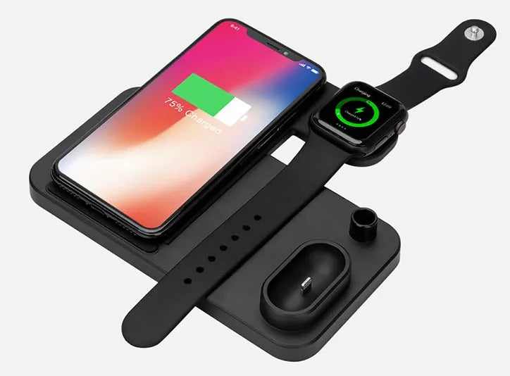 4-in-1 wireless charging station with adjustable magnetic stand charging iPhone, Apple Watch, AirPods, and Apple Pencil