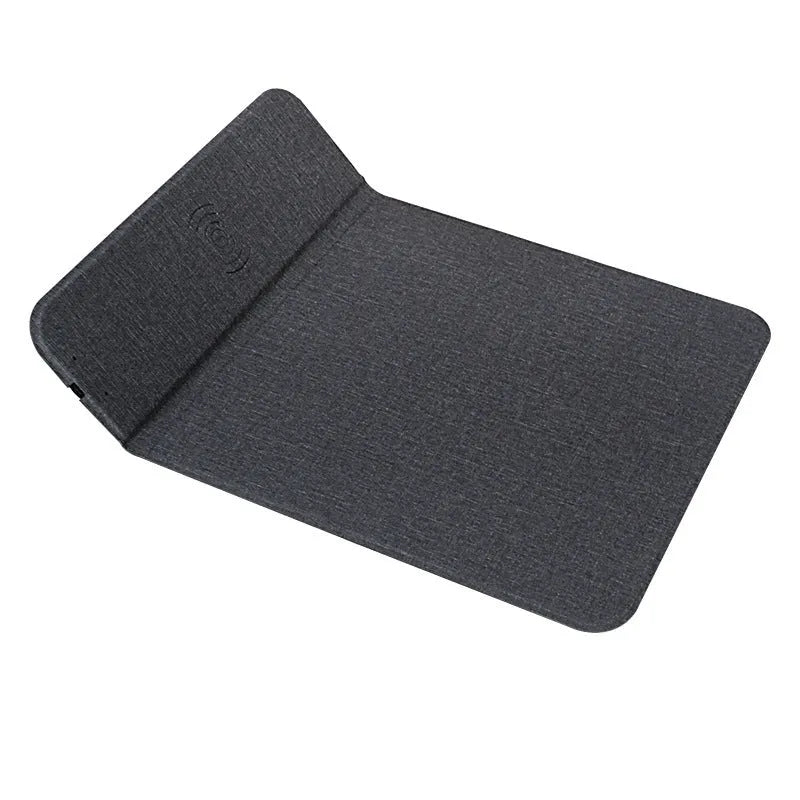 Foldable cloth phone holder open showing Qi wireless charging pad for smartphones.