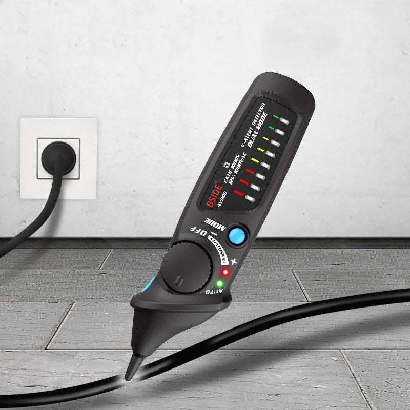 A handheld smart sensor test pencil with a round metal contact tip for high voltage electrical testing.