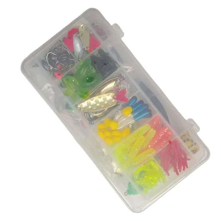 142-piece fishing lure kit showing hard minnow lures with sequins, metal fishing pliers, and various bait designs