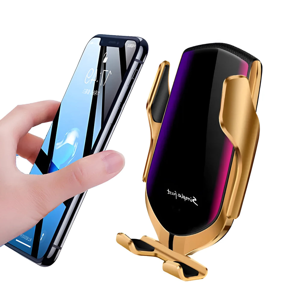 Car holder mobile phone wireless charger with Qi standard, 10W 7.5W 5W output, Micro USB interface, gold and silver options.