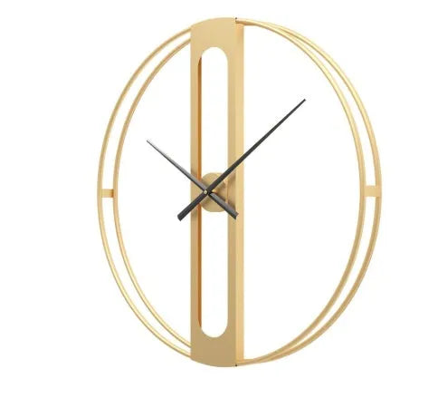 A large 50 cm round metal wall clock on a wall, available in black or gold finish.