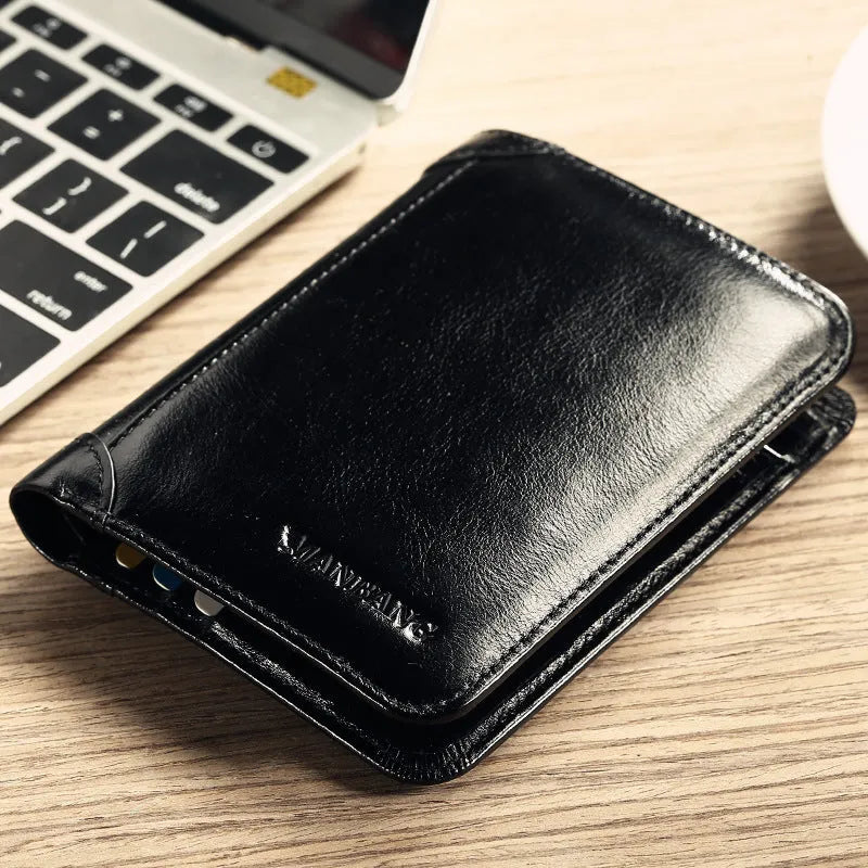 Men's leather organiser wallet open to show internal compartments including card slots and a zipped coin pocket.