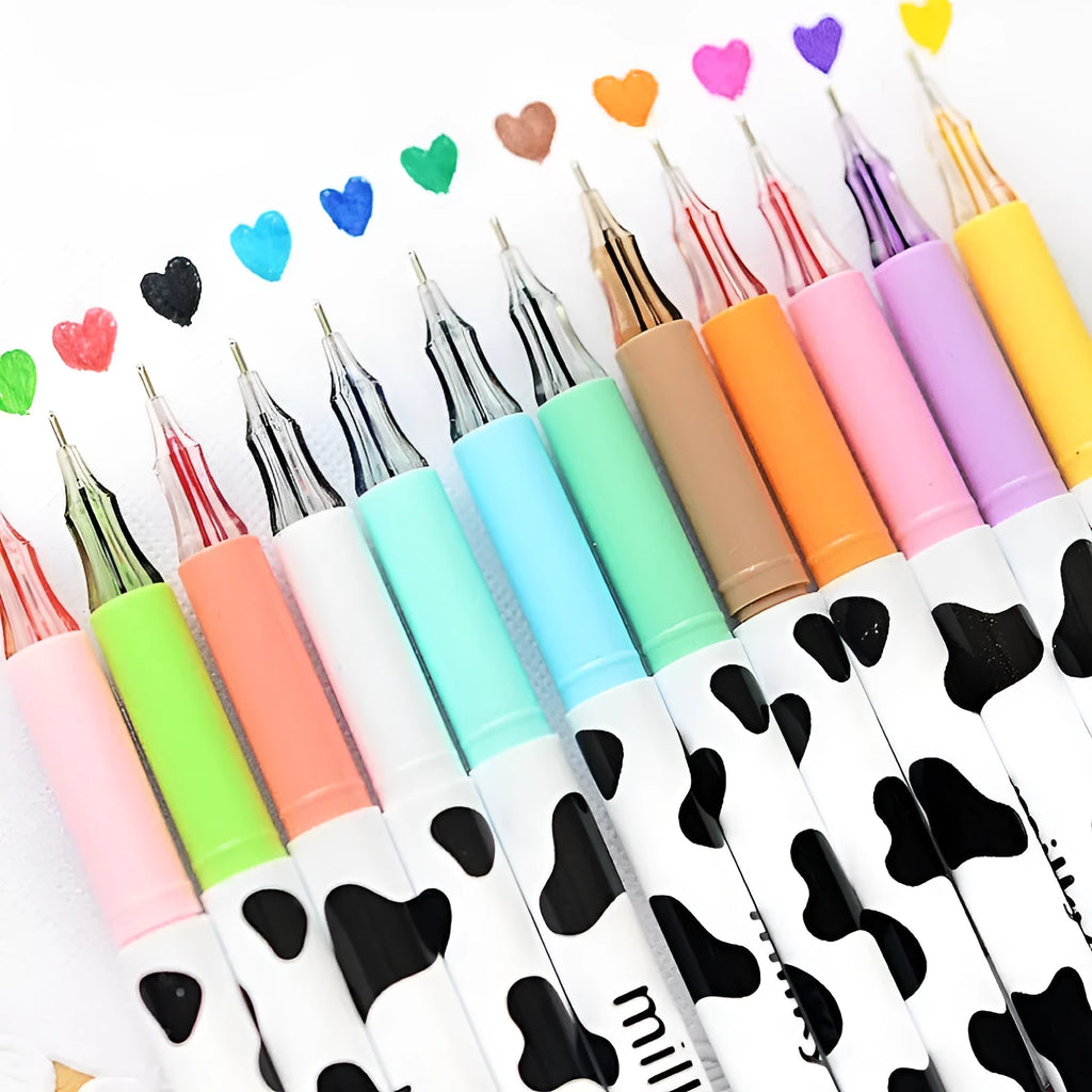 Cow colour gel pen set showing 12 assorted colours with 0.38mm fine tips