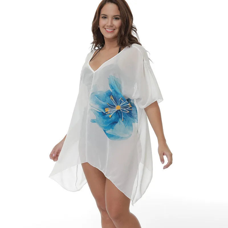 White plus size beach cover-up blouse with loose fit for sun protection over swimwear
