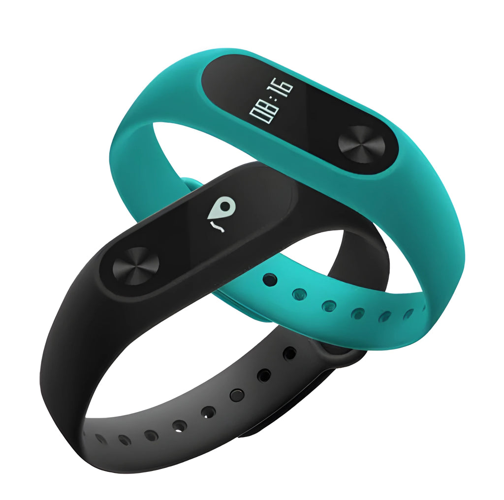 Black Xiaomi Mi Band 2 fitness tracker on wrist showing OLED screen with heart rate data.
