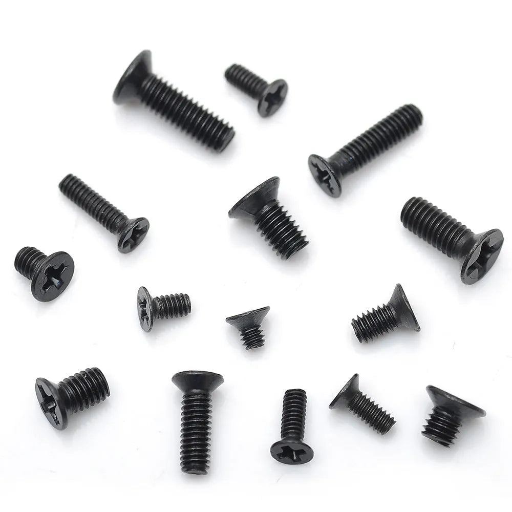 Box of black laptop machine screws with countersunk cross head, 1.4mm diameter.