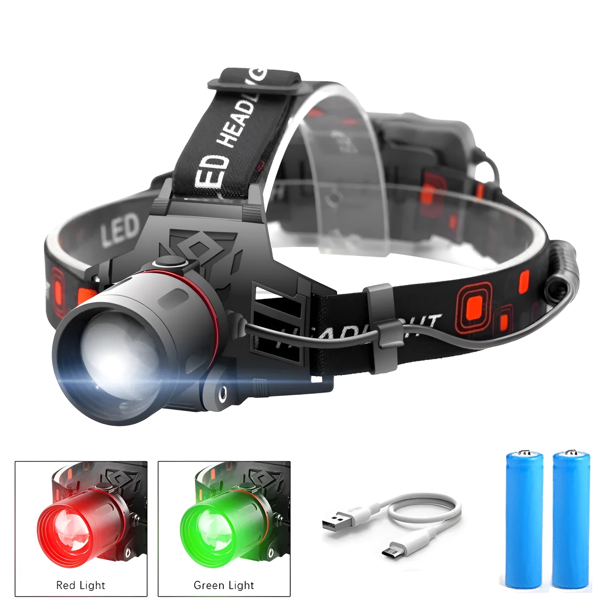 T6 LED zoom headlamp showing white, red, and green light options with adjustable focus and USB charger